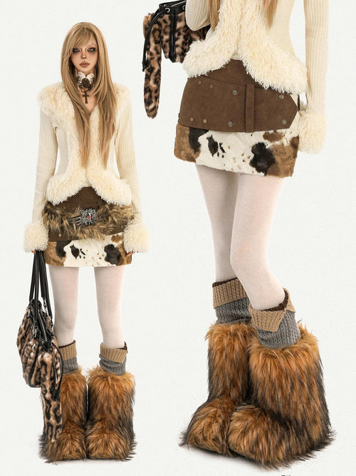 Nico Molly Cow Print Plush Patchwork Tiered Vintage Distressed Women's Wool Mini Skirts