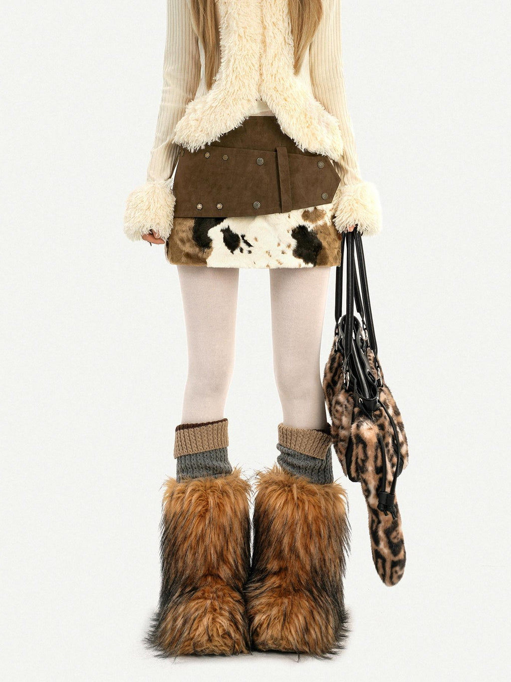 Nico Molly Cow Print Plush Patchwork Tiered Vintage Distressed Women's Wool Mini Skirts