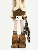 Nico Molly Cow Print Plush Patchwork Tiered Vintage Distressed Women's Wool Mini Skirts