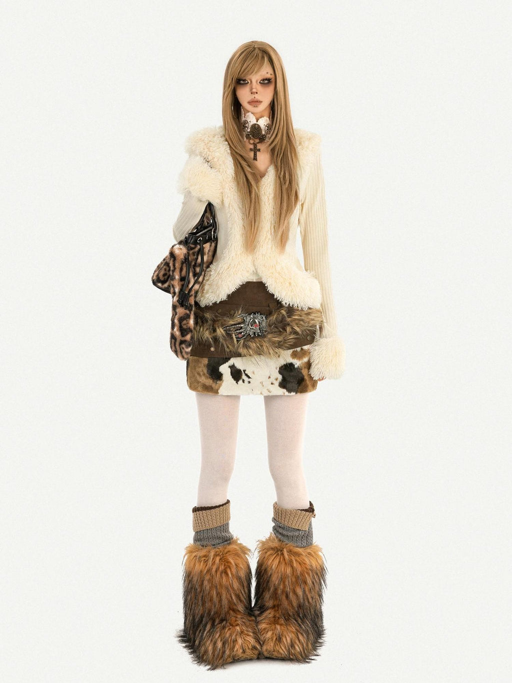 Nico Molly Cow Print Plush Patchwork Tiered Vintage Distressed Women's Wool Mini Skirts