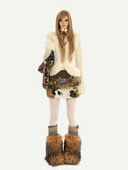Nico Molly Cow Print Plush Patchwork Tiered Vintage Distressed Women's Wool Mini Skirts