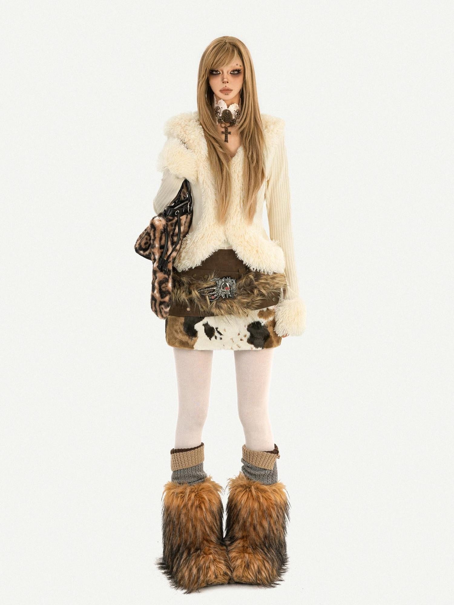 Nico Molly Cow Print Plush Patchwork Tiered Vintage Distressed Women's Wool Mini Skirts