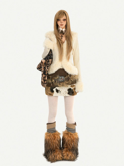 Nico Molly Cow Print Plush Patchwork Tiered Vintage Distressed Women's Wool Mini Skirts