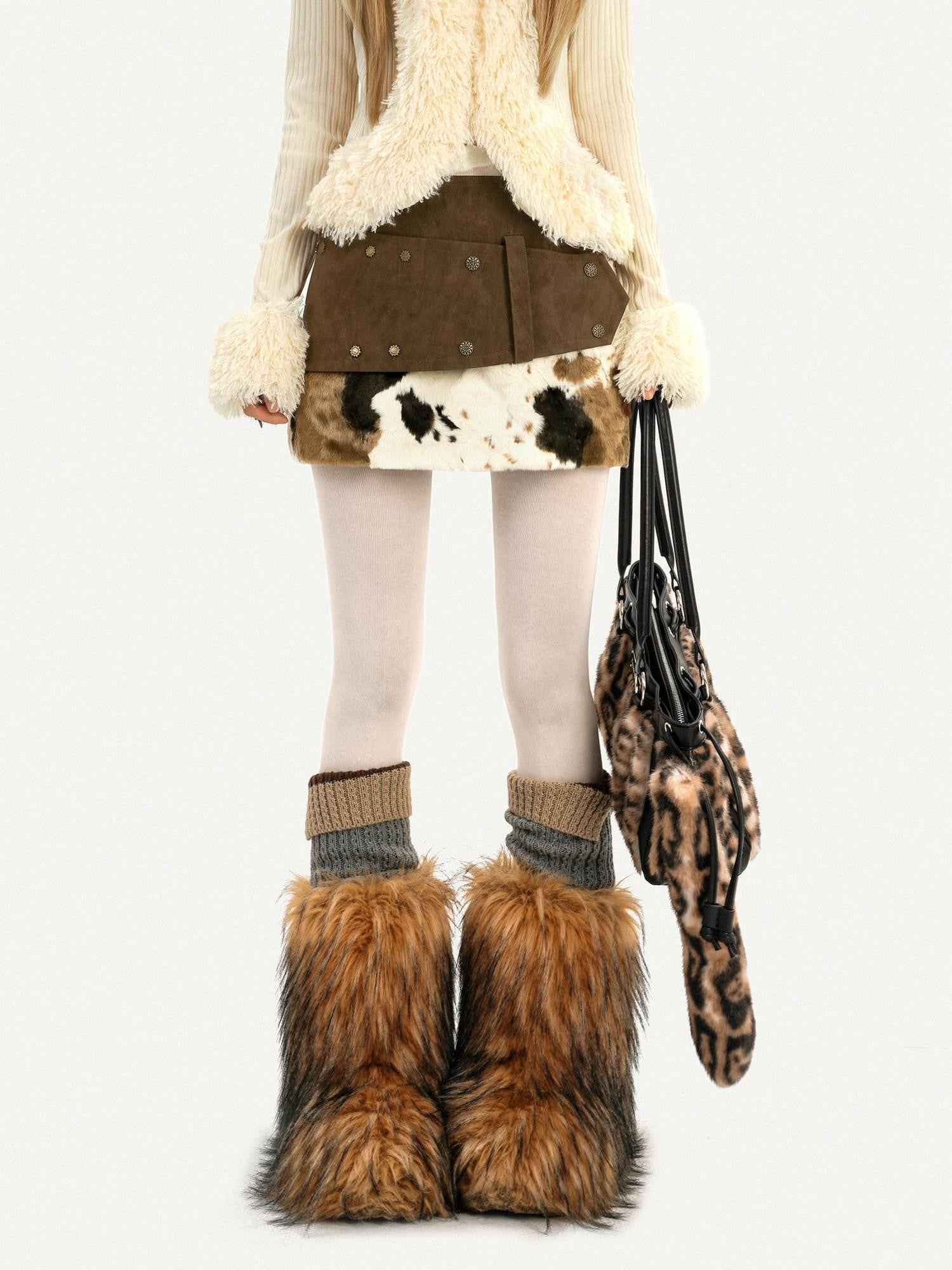 Nico Molly Cow Print Plush Patchwork Tiered Vintage Distressed Women's Wool Mini Skirts