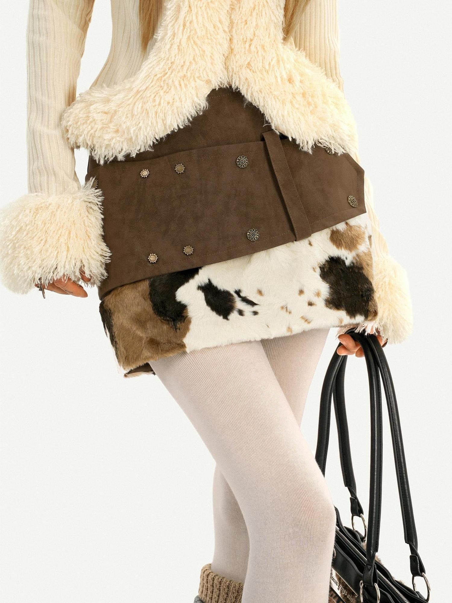 Nico Molly Cow Print Plush Patchwork Tiered Vintage Distressed Women's Wool Mini Skirts