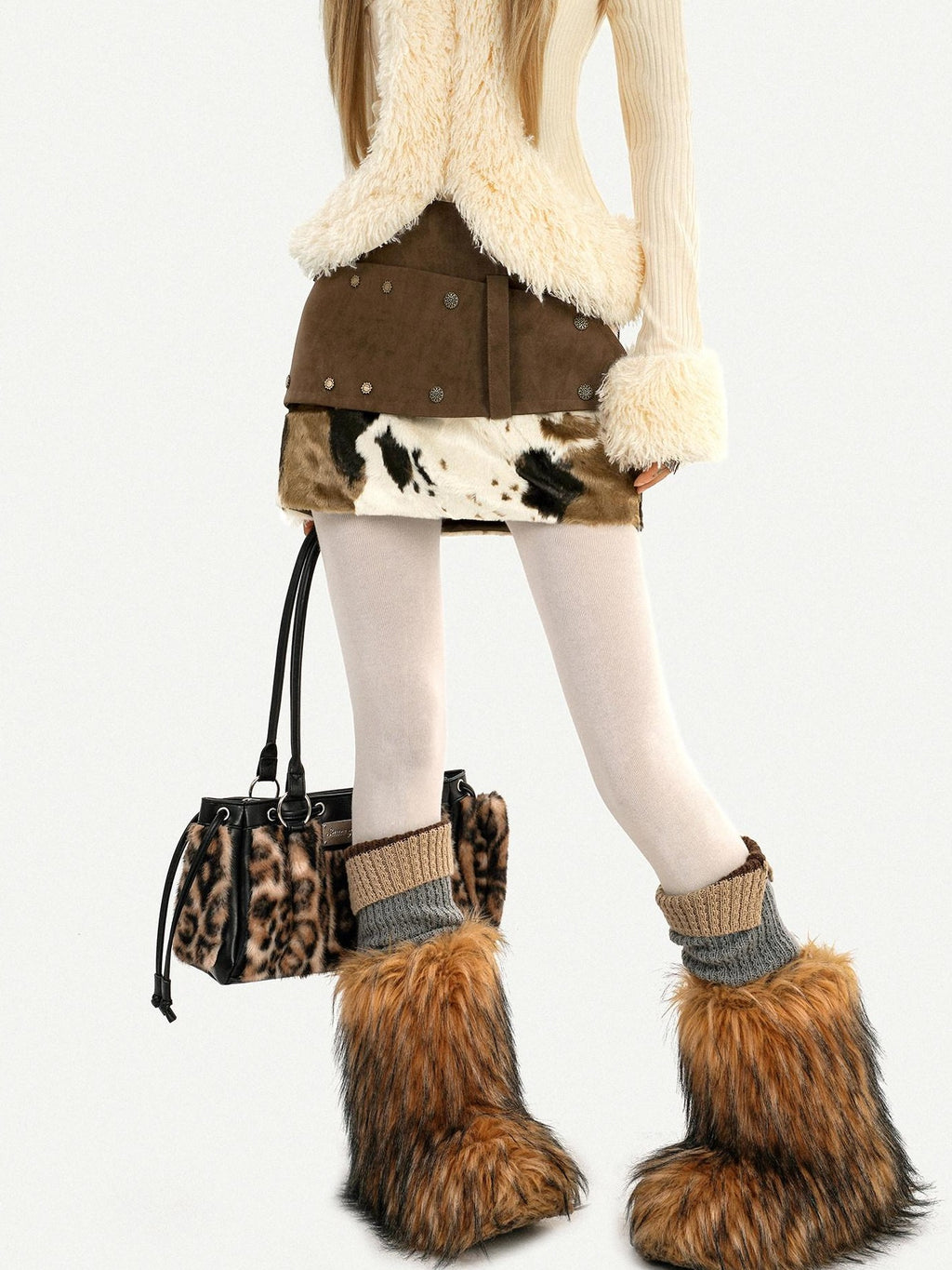 Nico Molly Cow Print Plush Patchwork Tiered Vintage Distressed Women's Wool Mini Skirts