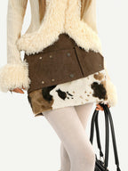 Nico Molly Cow Print Plush Patchwork Tiered Vintage Distressed Women's Wool Mini Skirts