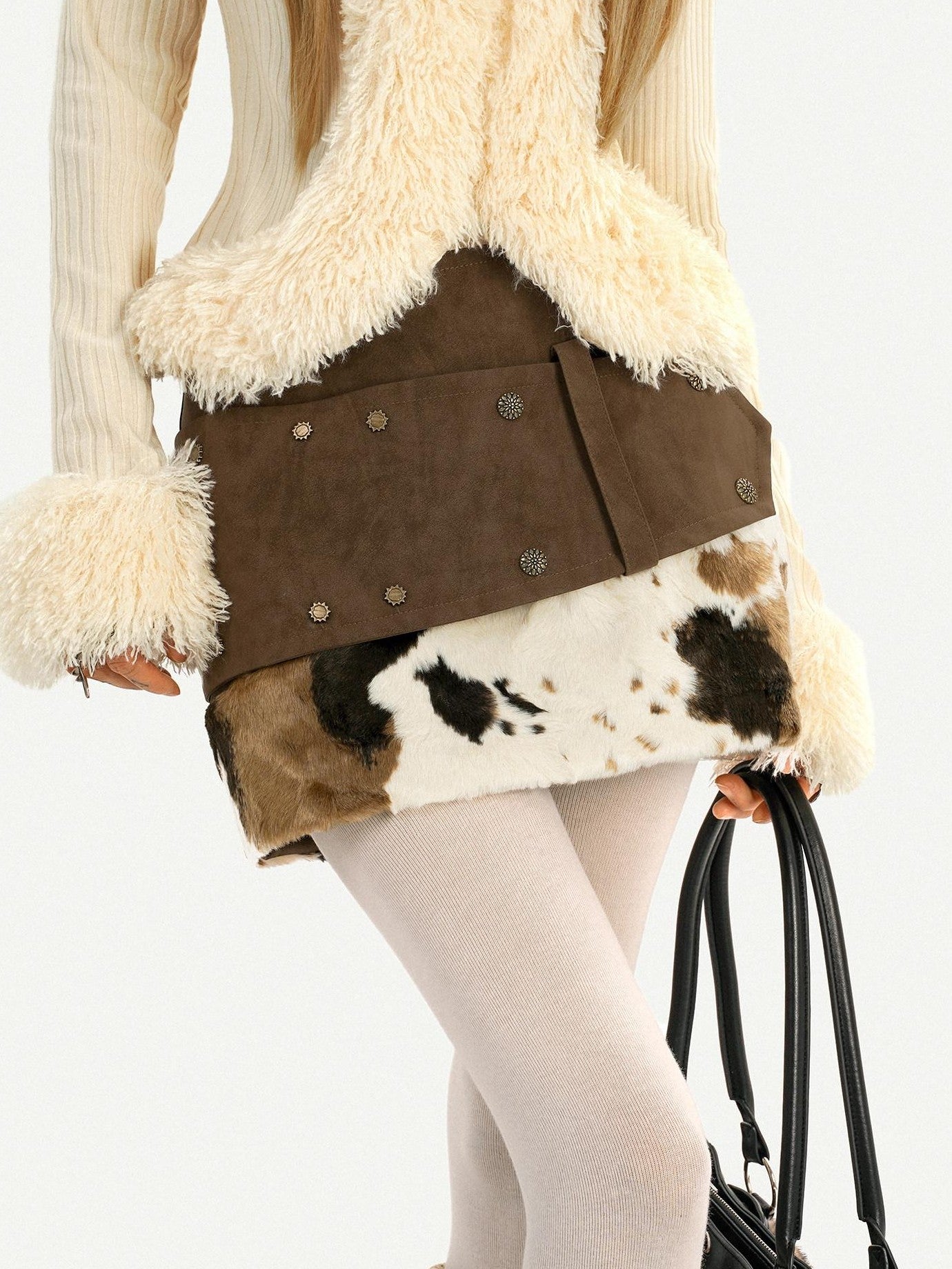 Nico Molly Cow Print Plush Patchwork Tiered Vintage Distressed Women's Wool Mini Skirts
