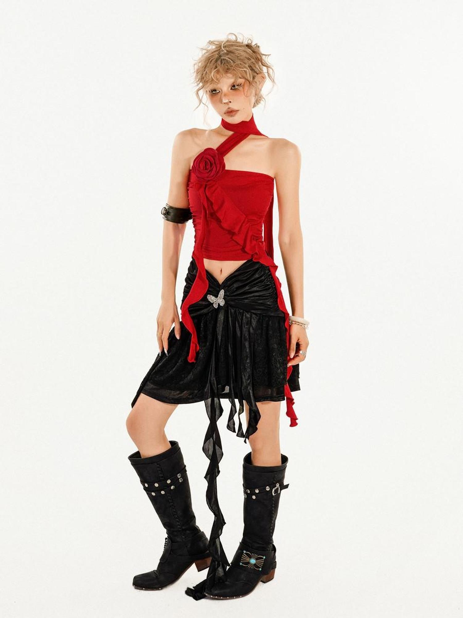 Nico Molly Cropped Asymmetric Rose Slim Fitted Women's Tube Tops / Bandeaus