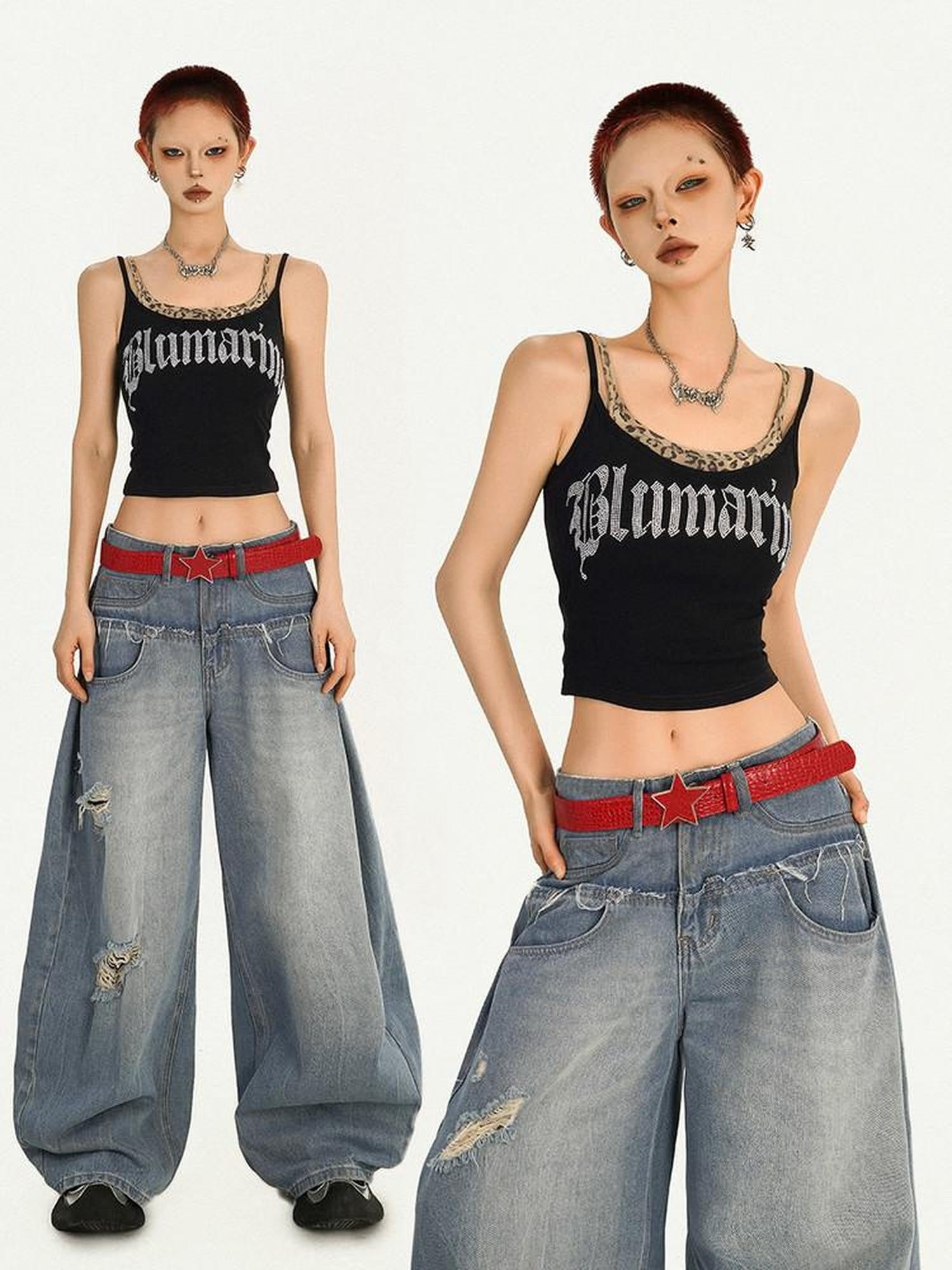 Nico Molly Cropped Leopard Print Punk Faux Two Piece Letter Rhinestone Women's Camisoles