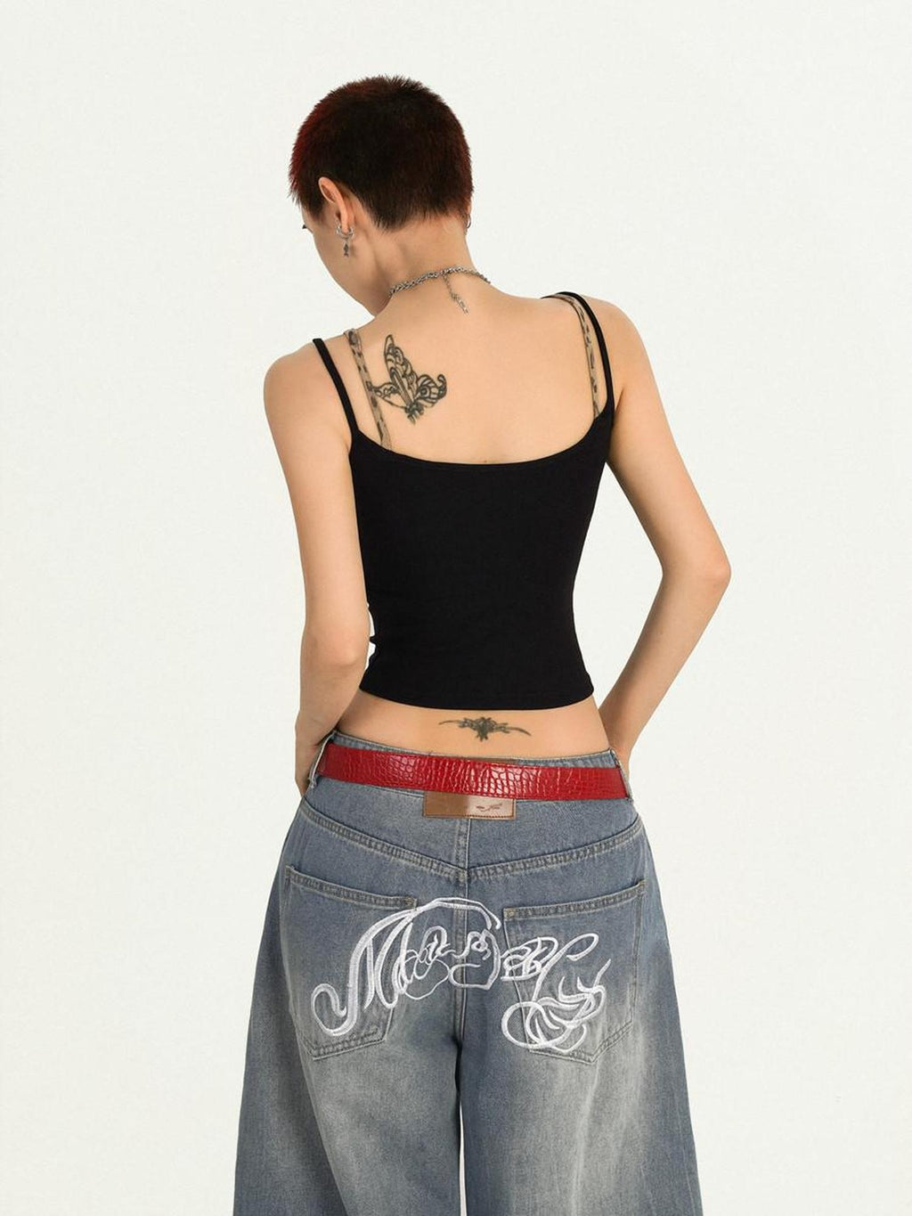 Nico Molly Cropped Leopard Print Punk Faux Two Piece Letter Rhinestone Women's Camisoles