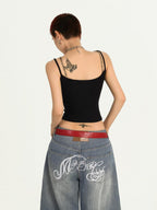 Nico Molly Cropped Leopard Print Punk Faux Two Piece Letter Rhinestone Women's Camisoles