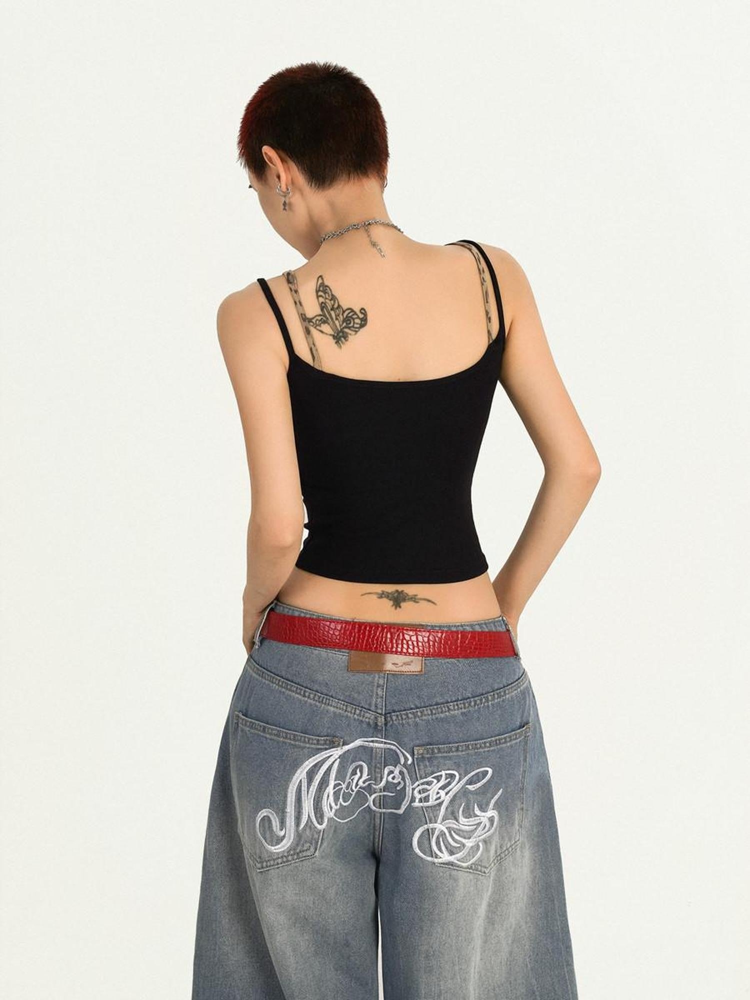 Nico Molly Cropped Leopard Print Punk Faux Two Piece Letter Rhinestone Women's Camisoles