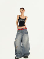 Nico Molly Cropped Leopard Print Punk Faux Two Piece Letter Rhinestone Women's Camisoles