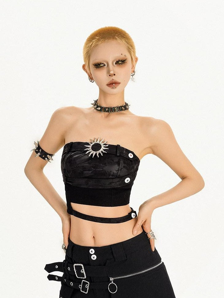 Nico Molly Cropped Original Retro Slim Fit Women's Solid Black Tube Tops / Bandeaus