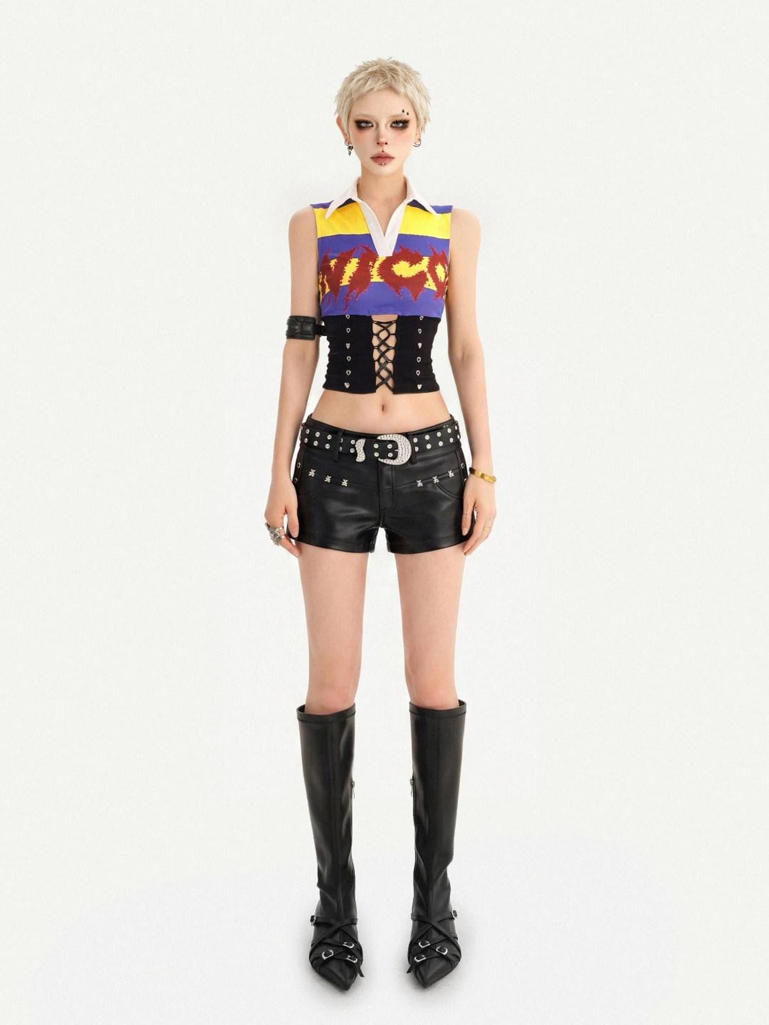 Nico Molly Cropped Striped Collared Waist Cinched Jersey Women's Tank Tops