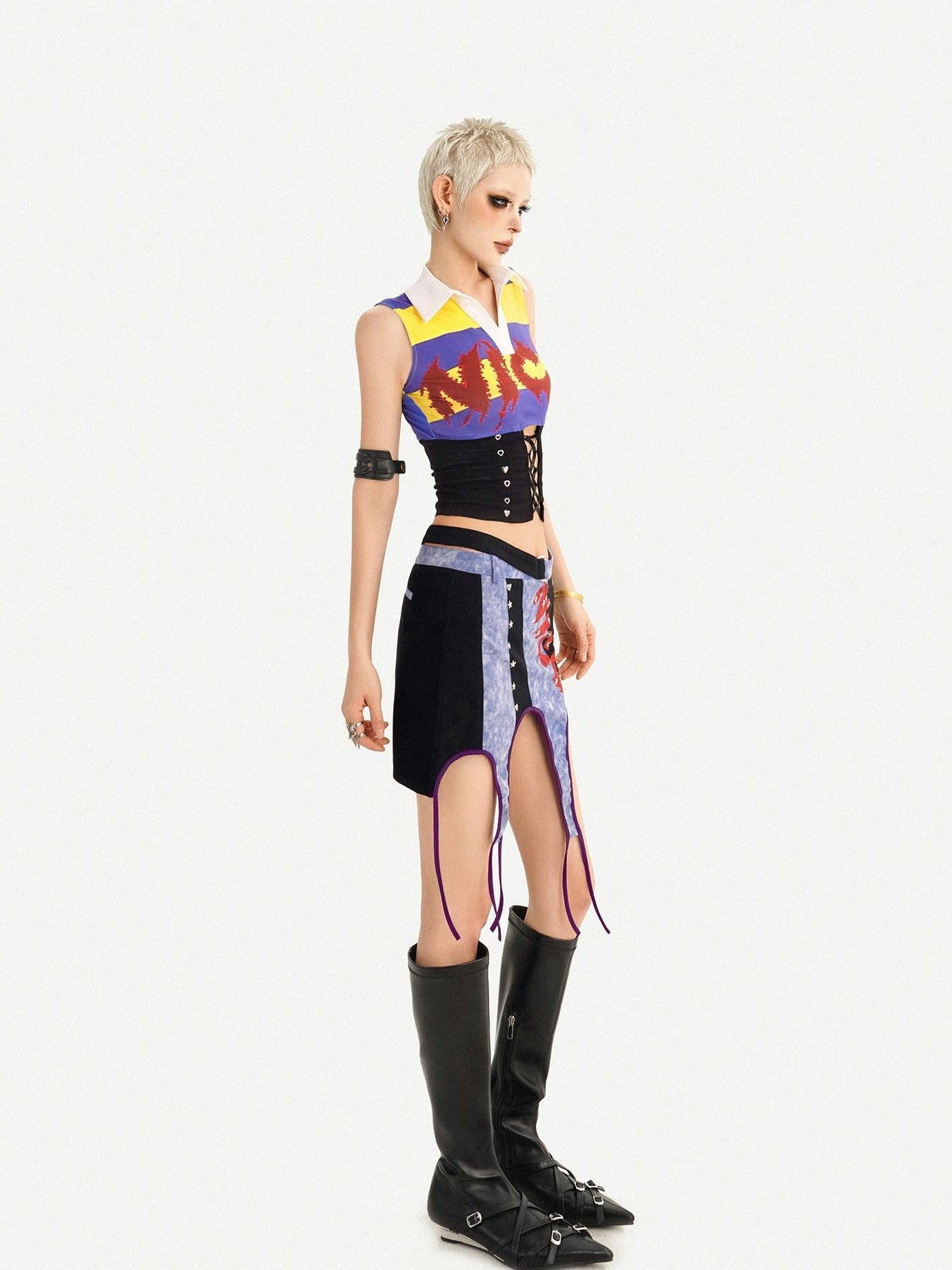 Nico Molly Cropped Striped Collared Waist Cinched Jersey Women's Tank Tops