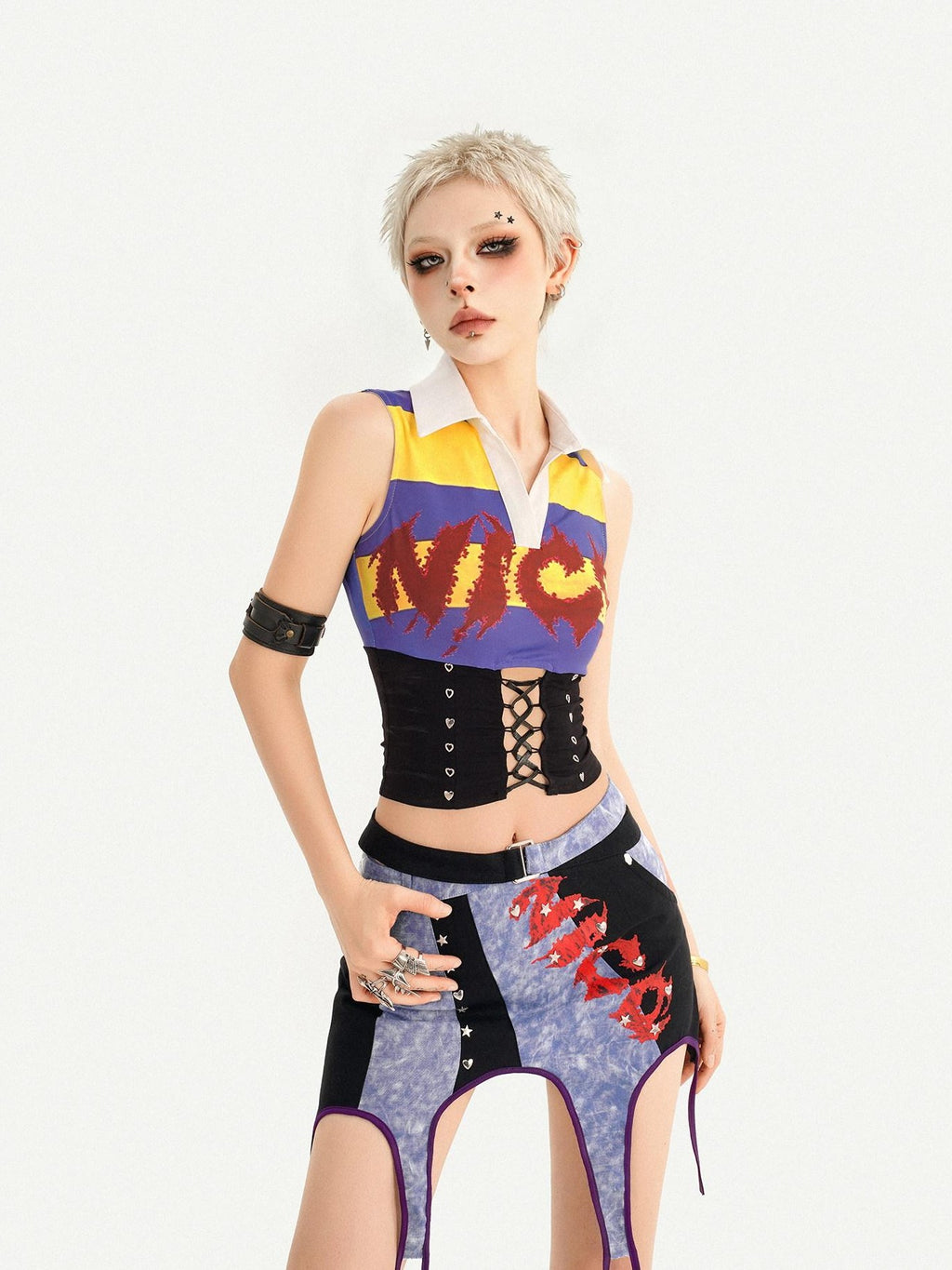 Nico Molly Cropped Striped Collared Waist Cinched Jersey Women's Tank Tops