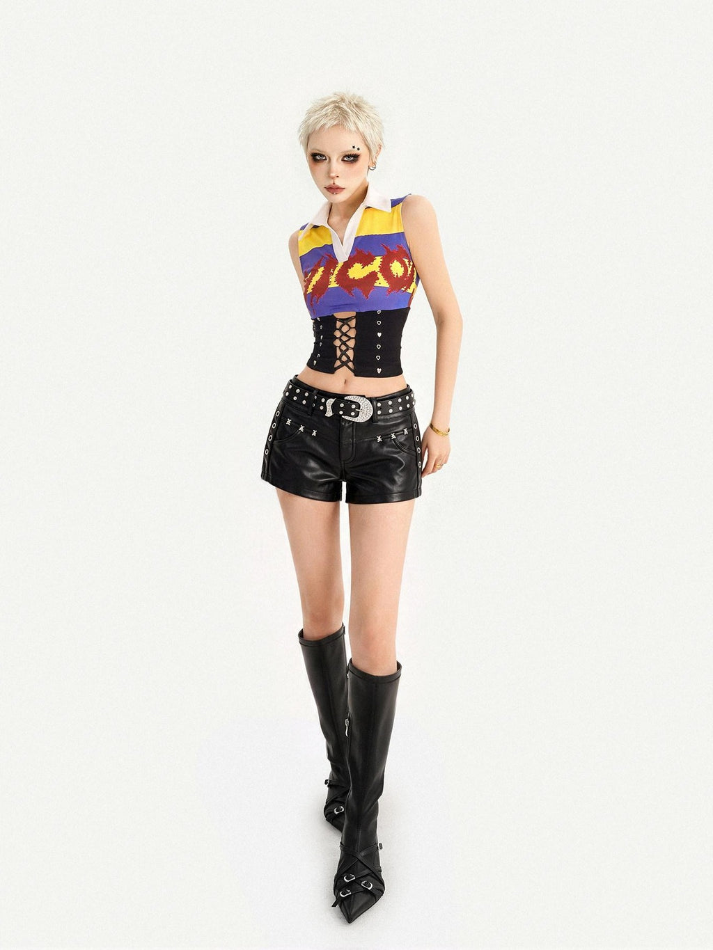 Nico Molly Cropped Striped Collared Waist Cinched Jersey Women's Tank Tops