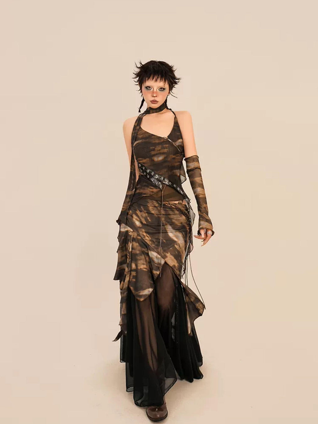 Nico Molly Cropped Tie Dye Wasteland Vintage Printed Women's Slim Fit Brown Camisoles