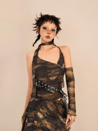 Nico Molly Cropped Tie Dye Wasteland Vintage Printed Women's Slim Fit Brown Camisoles