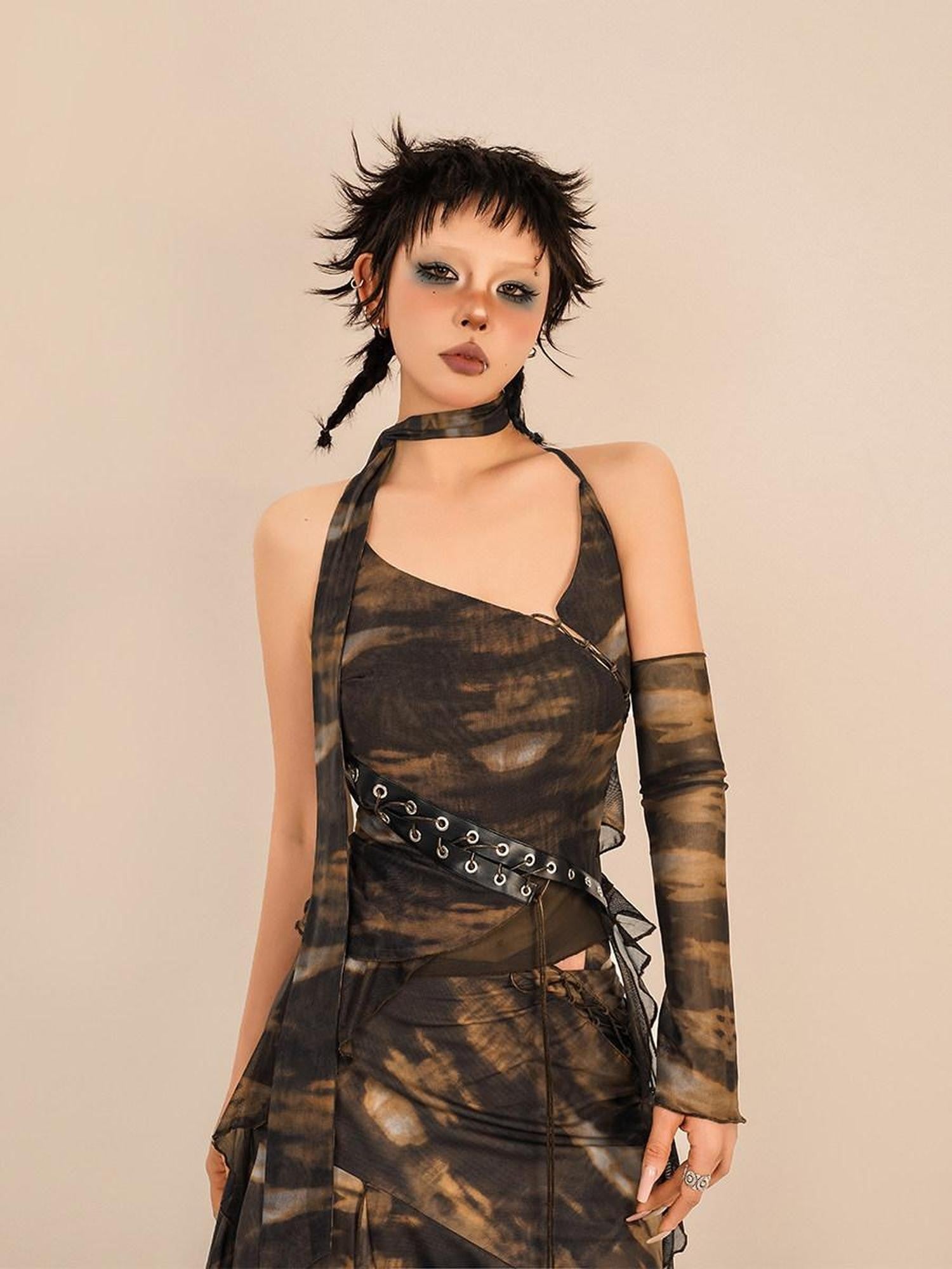 Nico Molly Cropped Tie Dye Wasteland Vintage Printed Women's Slim Fit Brown Camisoles