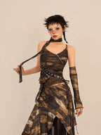 Nico Molly Cropped Tie Dye Wasteland Vintage Printed Women's Slim Fit Brown Camisoles