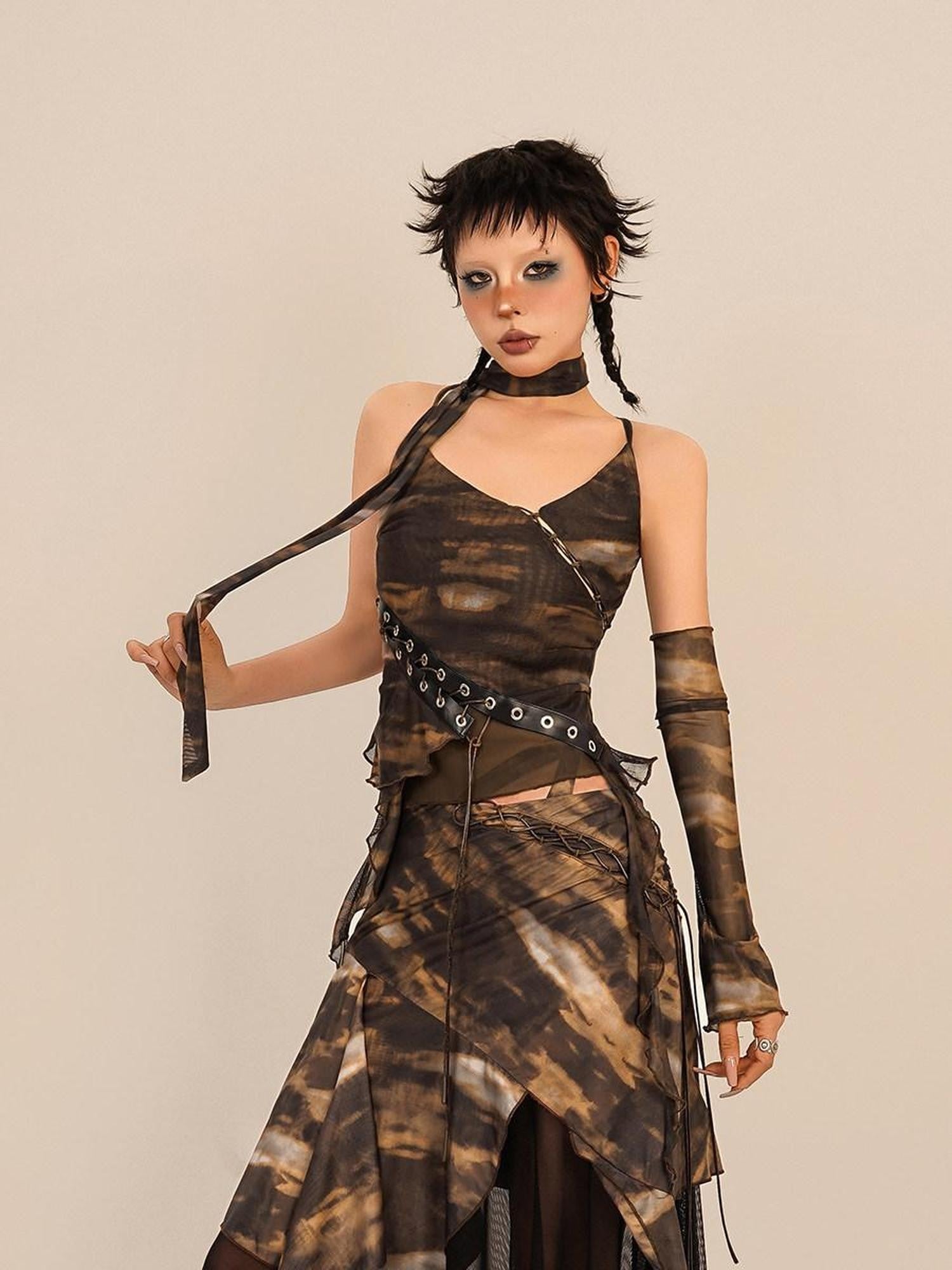 Nico Molly Cropped Tie Dye Wasteland Vintage Printed Women's Slim Fit Brown Camisoles
