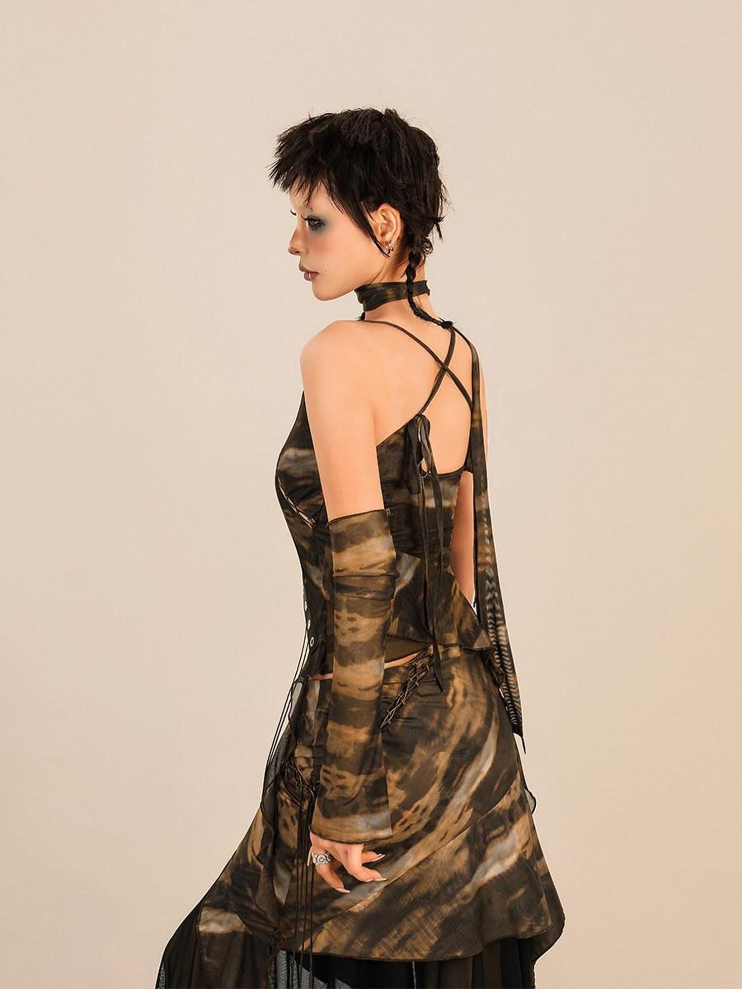 Nico Molly Cropped Tie Dye Wasteland Vintage Printed Women's Slim Fit Brown Camisoles
