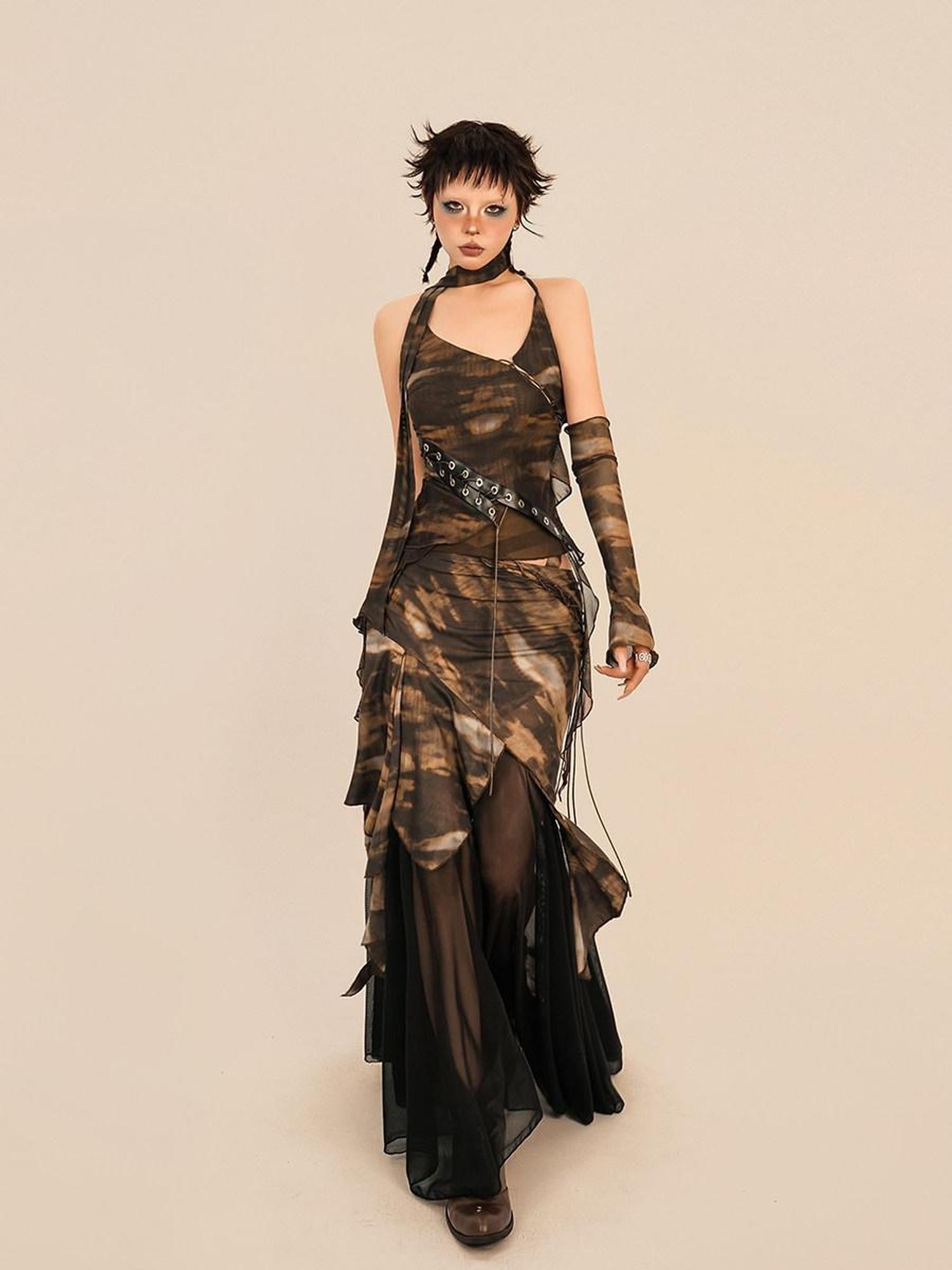 Nico Molly Cropped Tie Dye Wasteland Vintage Printed Women's Slim Fit Brown Camisoles