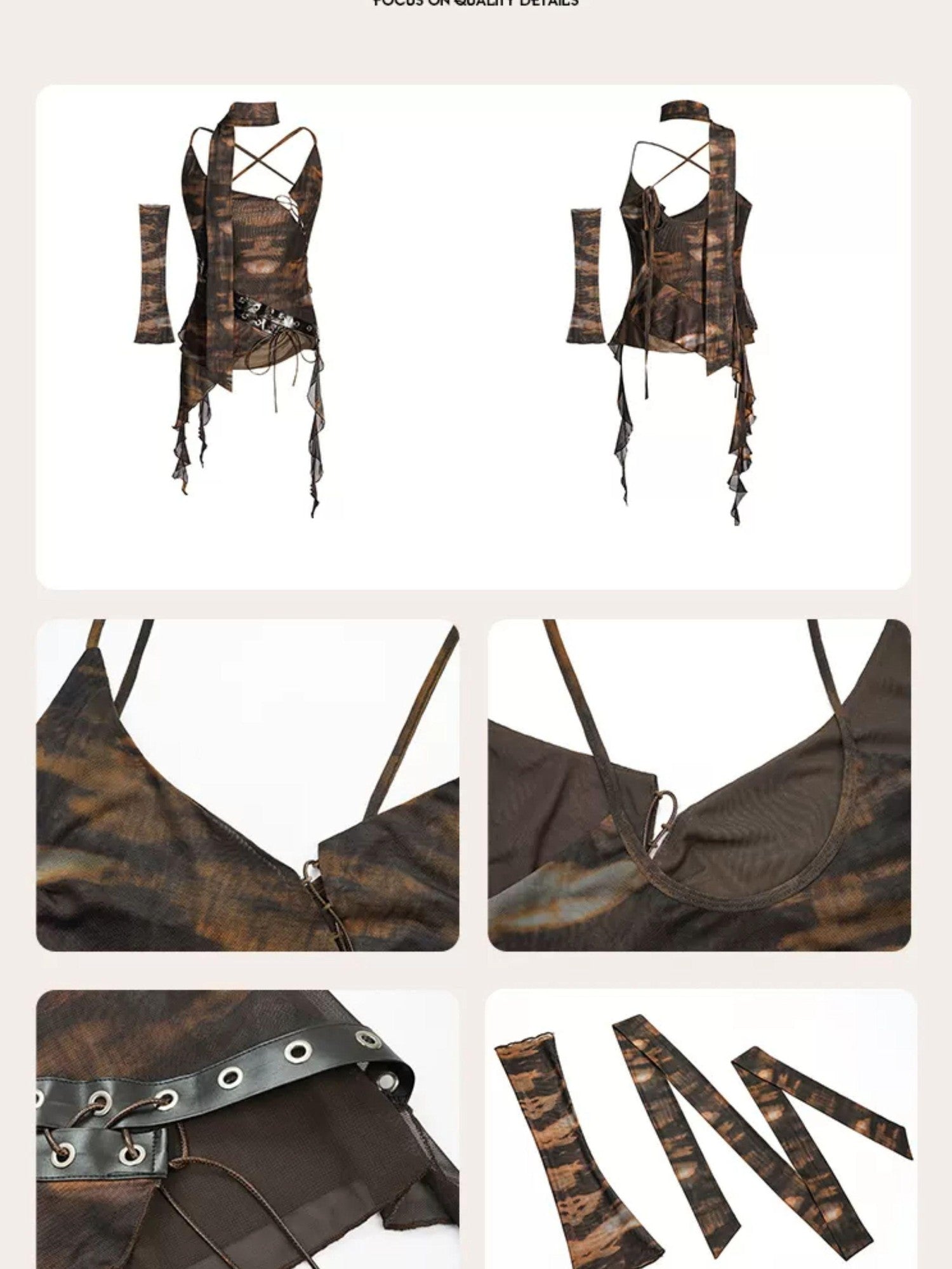 Nico Molly Cropped Tie Dye Wasteland Vintage Printed Women's Slim Fit Brown Camisoles