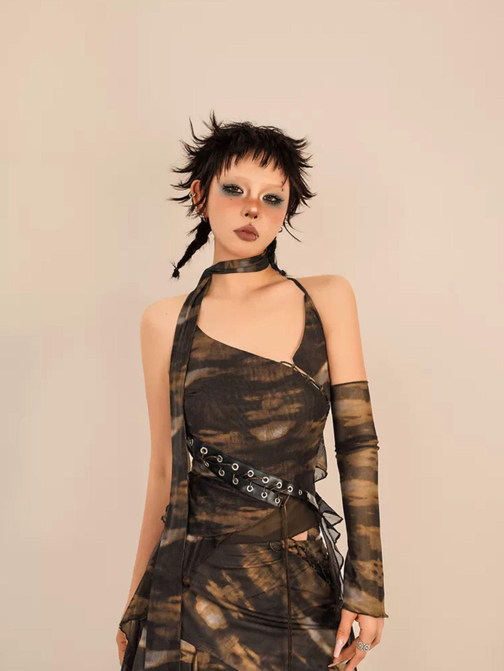 Nico Molly Cropped Tie Dye Wasteland Vintage Printed Women's Slim Fit Brown Camisoles