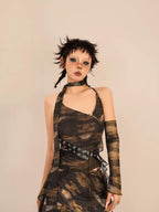 Nico Molly Cropped Tie Dye Wasteland Vintage Printed Women's Slim Fit Brown Camisoles