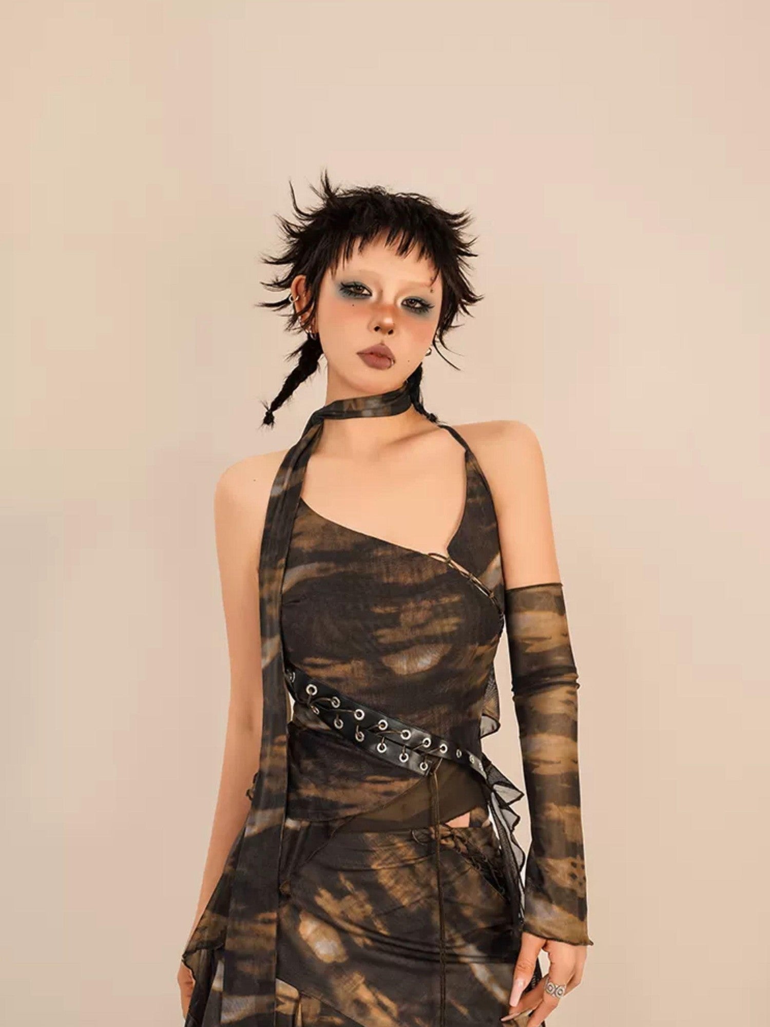 Nico Molly Cropped Tie Dye Wasteland Vintage Printed Women's Slim Fit Brown Camisoles