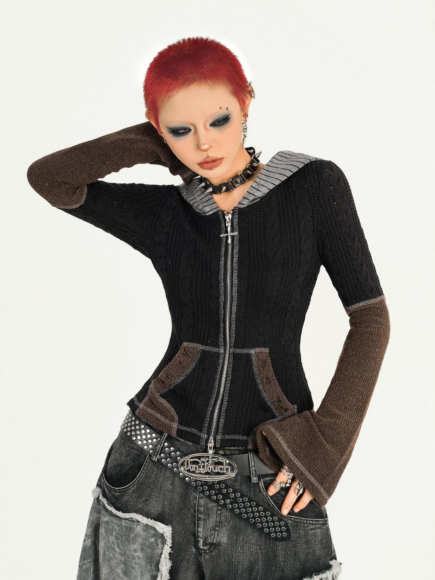 Nico Molly Cropped Vintage Slim Colorblock Zip Hooded Women's Knit Hoodies