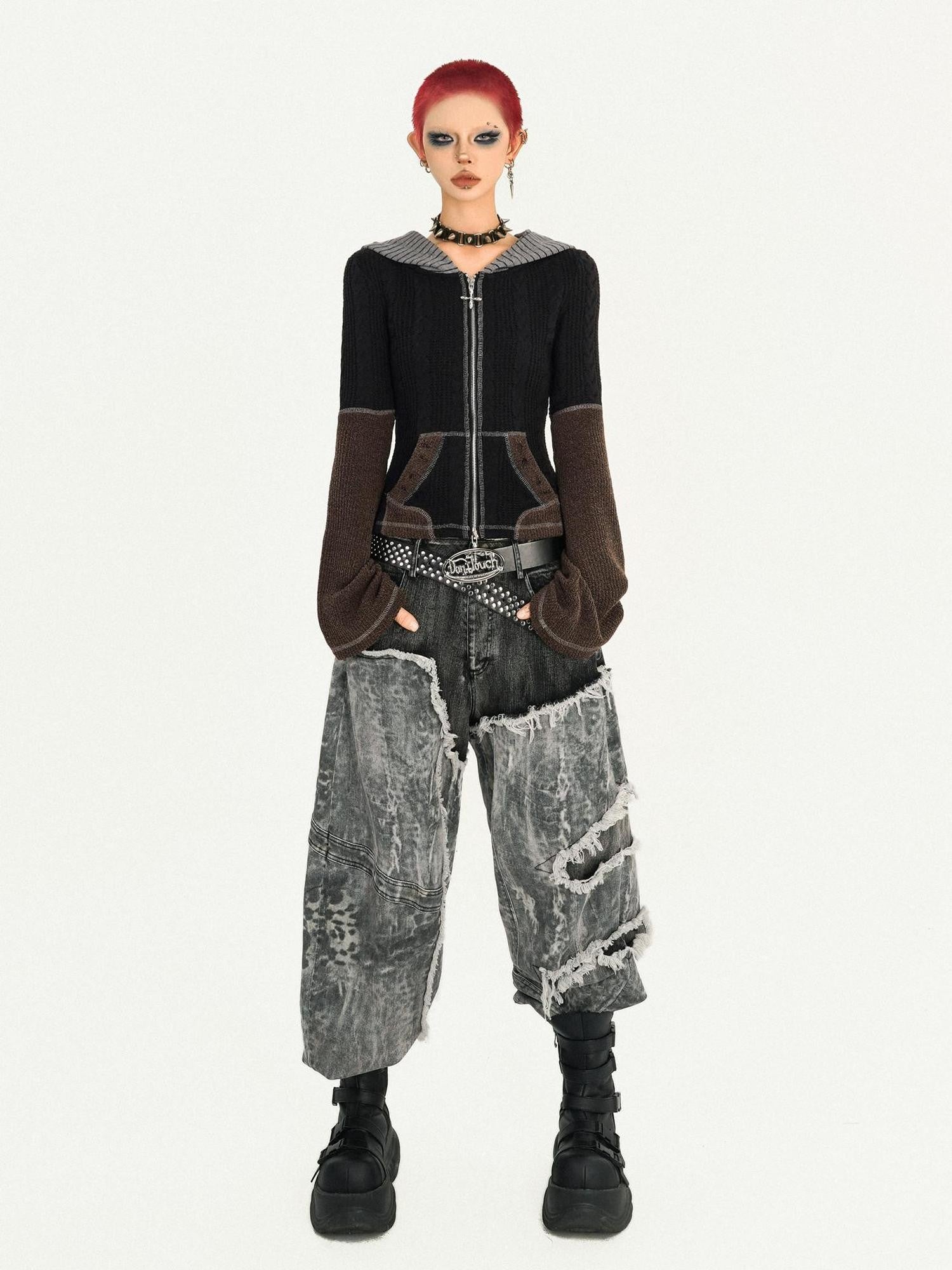 Nico Molly Cropped Vintage Slim Colorblock Zip Hooded Women's Knit Hoodies