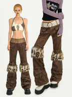 Nico Molly Dark Brown Fur Trim Western Vintage Straight Leg Women's Faux Leather Pants