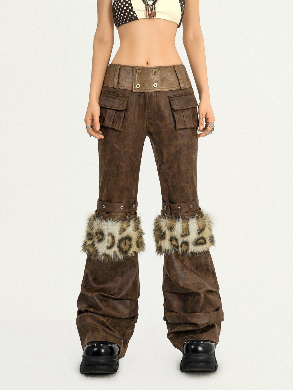 Nico Molly Dark Brown Fur Trim Western Vintage Straight Leg Women's Faux Leather Pants