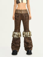 Nico Molly Dark Brown Fur Trim Western Vintage Straight Leg Women's Faux Leather Pants