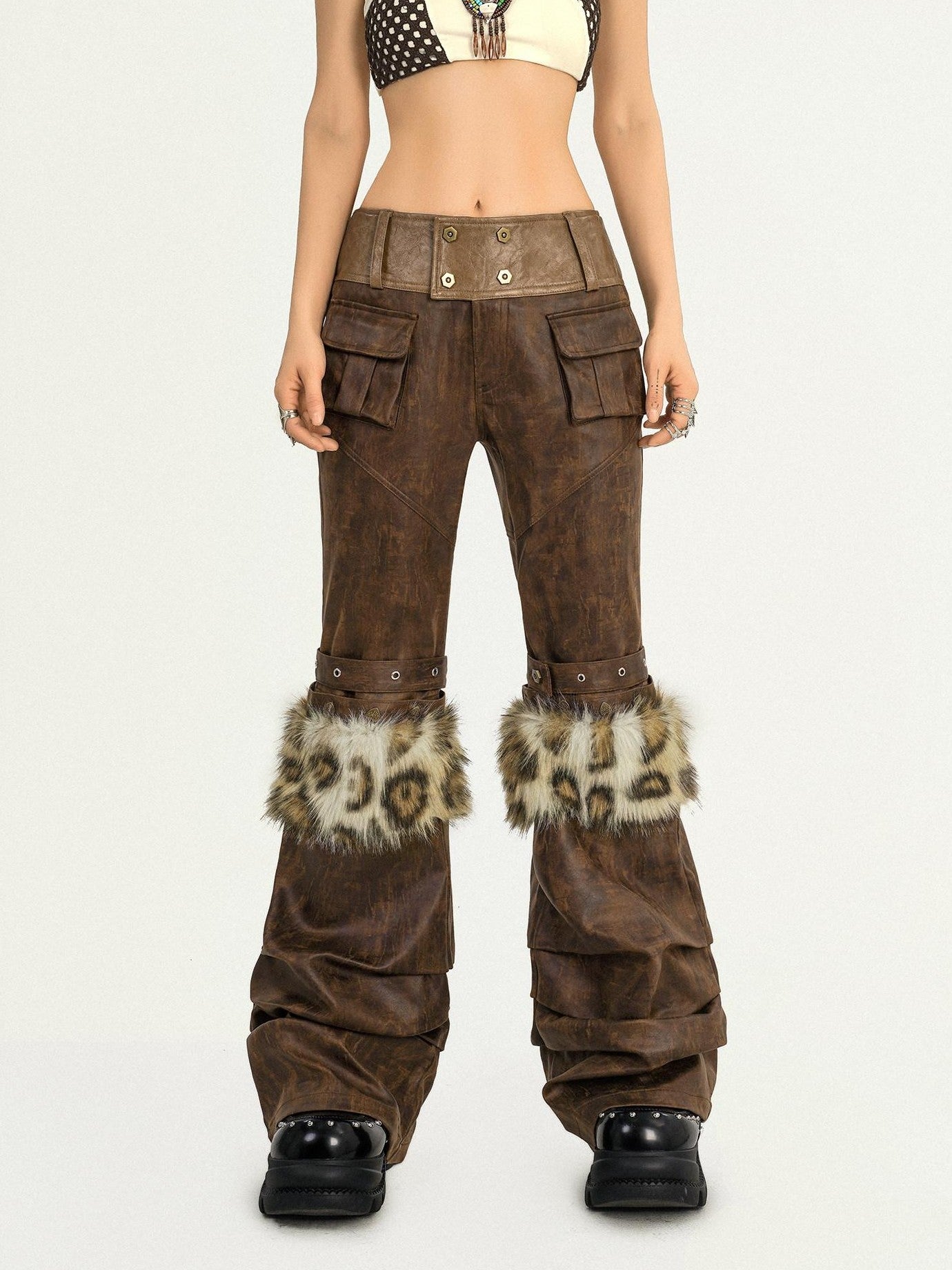 Nico Molly Dark Brown Fur Trim Western Vintage Straight Leg Women's Faux Leather Pants
