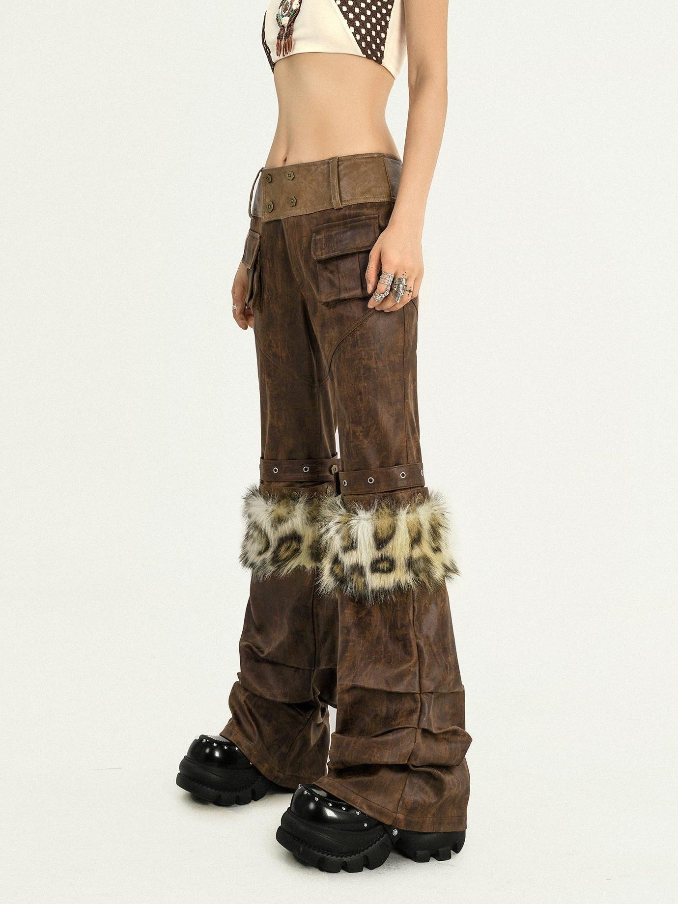 Nico Molly Dark Brown Fur Trim Western Vintage Straight Leg Women's Faux Leather Pants