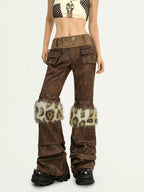 Nico Molly Dark Brown Fur Trim Western Vintage Straight Leg Women's Faux Leather Pants