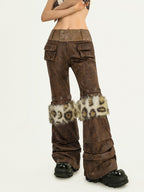 Nico Molly Dark Brown Fur Trim Western Vintage Straight Leg Women's Faux Leather Pants