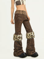 Nico Molly Dark Brown Fur Trim Western Vintage Straight Leg Women's Faux Leather Pants