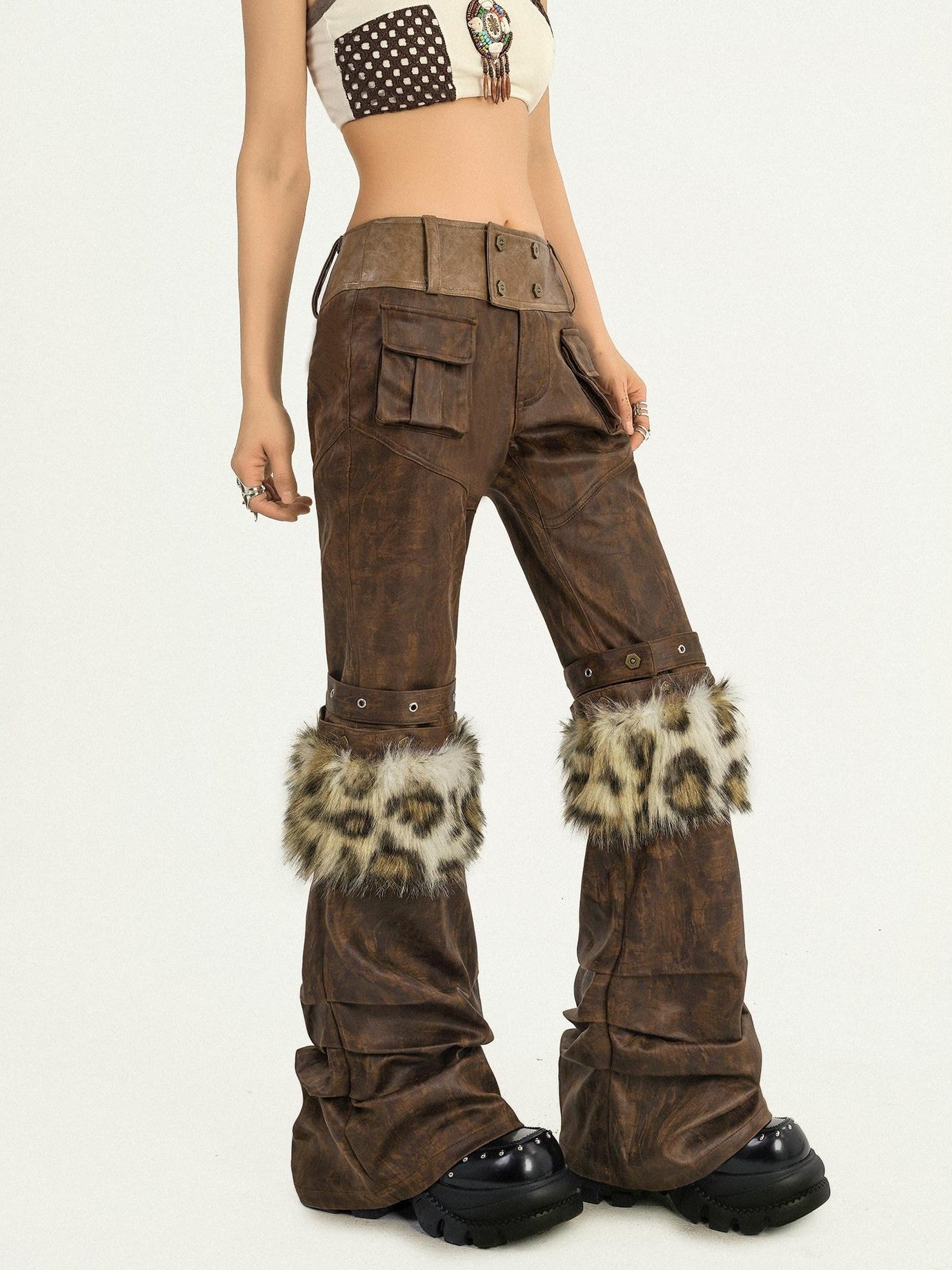 Nico Molly Dark Brown Fur Trim Western Vintage Straight Leg Women's Faux Leather Pants