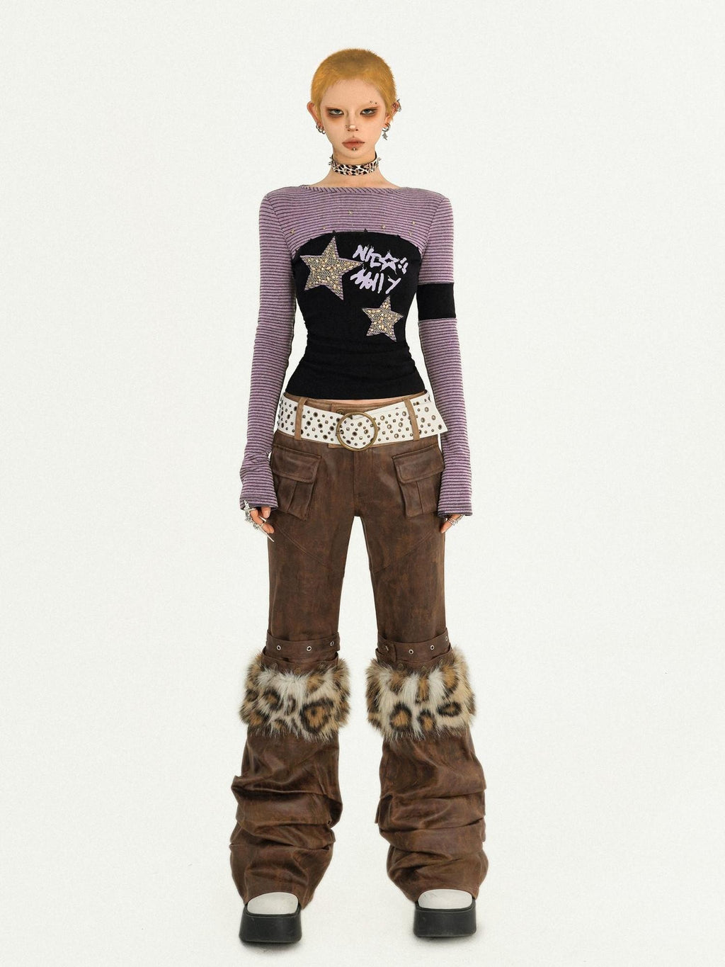 Nico Molly Dark Brown Fur Trim Western Vintage Straight Leg Women's Faux Leather Pants