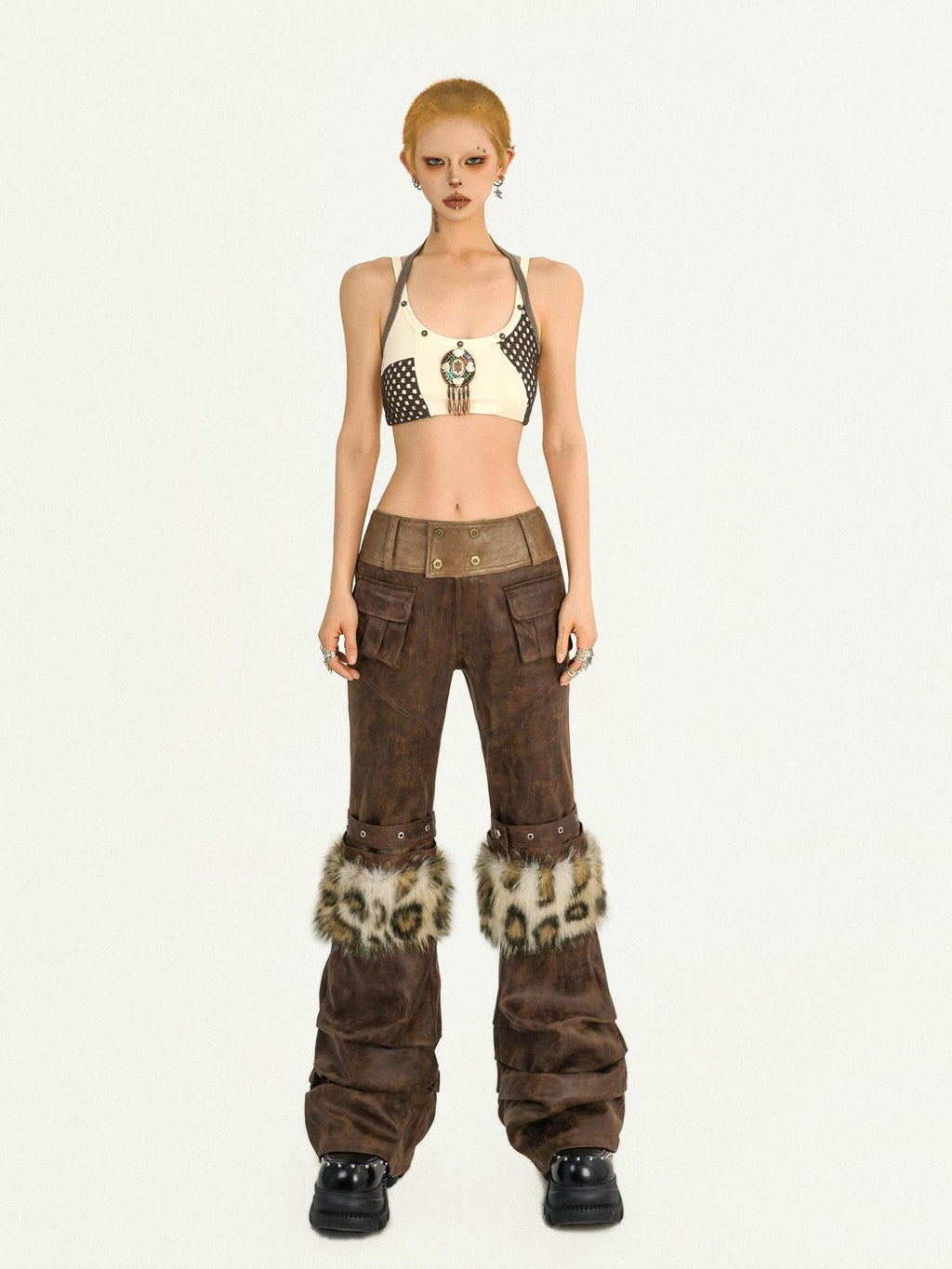 Nico Molly Dark Brown Fur Trim Western Vintage Straight Leg Women's Faux Leather Pants