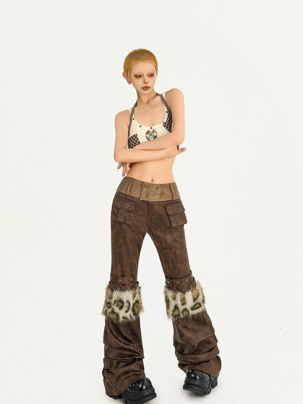 Nico Molly Dark Brown Fur Trim Western Vintage Straight Leg Women's Faux Leather Pants