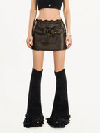 Nico Molly Dark Brown Lace Trim Bodycon Women's Faux Leather Mini Skirts