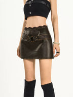 Nico Molly Dark Brown Lace Trim Bodycon Women's Faux Leather Mini Skirts